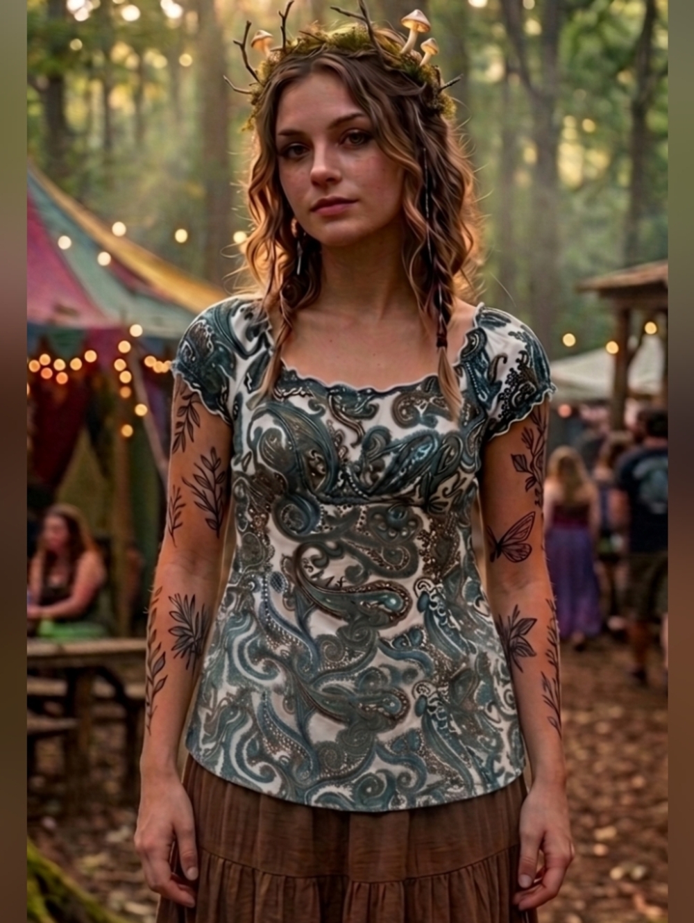 Womens Vtg Y2K Fairy Festival Babydoll Top Juniors LG Green Paisley Boho Peasant